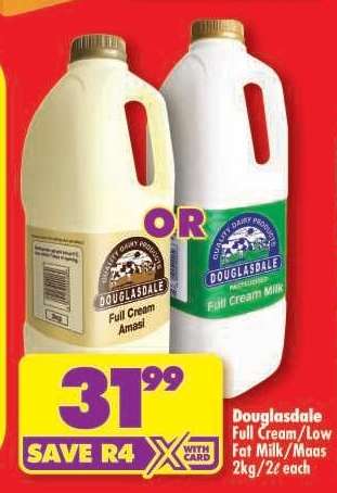 Douglasdale Full Cream/Low Fat Milk/Maas 2kg/2ℓ each
