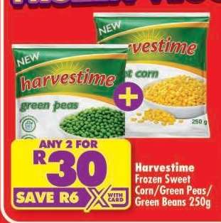 Harvestime Frozen Sweet Corn/Green Peas/Green Beans 250g