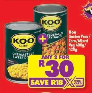 Koo Garden Peas/Corn/Mixed Veg 400g/420g