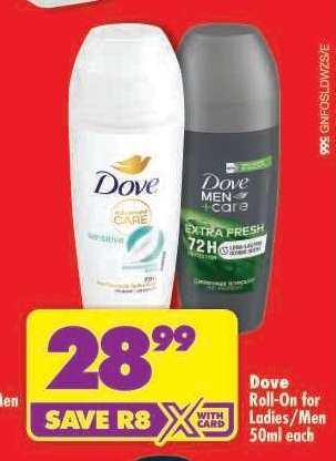 Dove Roll-On for Ladies/Men 50ml each