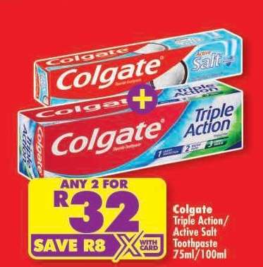 COLGATE TRIPLE ACTION/ACTIVE SALT TOOTHPASTE 75ml/100ml