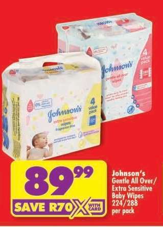 Johnson's Gentle All Over / Extra Sensitive Baby Wipes 224/288 per pack