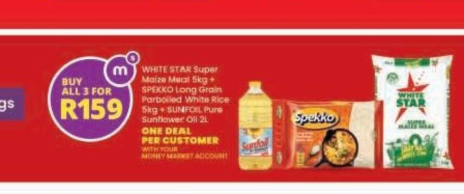 WHITE STAR Super Maize Meal 5kg + SPEKKO Long Grain Parboiled White Rice 5kg + SUNFOIL Pure Sunflower Oil 2L