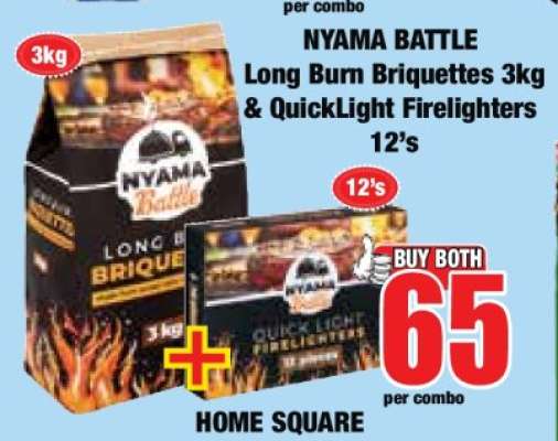 NYAMA BATTLE Long Burn Briquettes 3kg & QuickLight Firelighters 12's