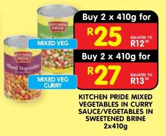 KITCHEN PRIDE MIXED VEGETABLES IN CURRY SAUCE/VEGETABLES IN SWEETENED BRINE 2x410g