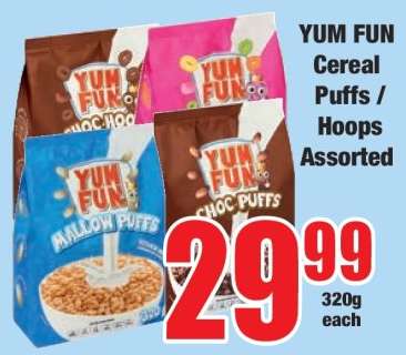 YUM FUN Cereal Puffs / Hoops Assorted