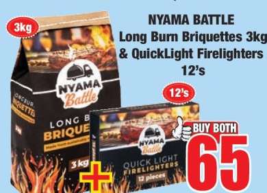 NYAMA BATTLE Long Burn Briquettes 3kg & QuickLight Firelighters 12's