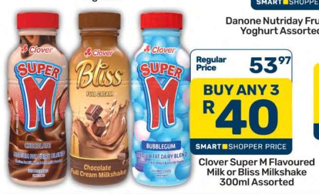Clover Super M Flavoured Milk or Bliss Milkshake 300ml Assorted