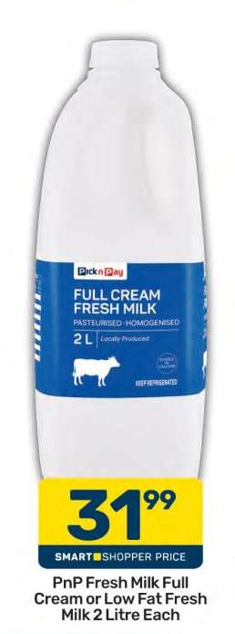PnP Fresh Milk Full Cream or Low Fat Fresh Milk 2 Litre Each