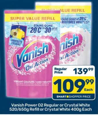 Vanish Power O2 Regular or Crystal White 520/650g Refill or Crystal White 400g Each