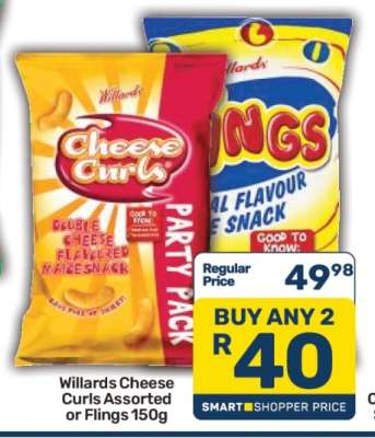 Willards Cheese Curls Assorted or Flings 150g