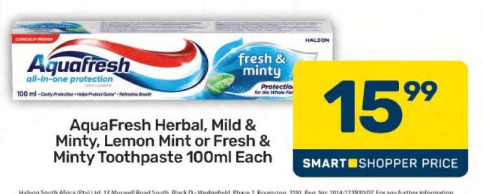 Aquafresh Herbal, Mild & Minty, Lemon Mint or Fresh & Minty Toothpaste 100ml Each