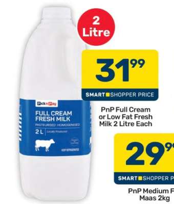 PnP Full Cream or Low Fat Fresh Milk 2 Litre