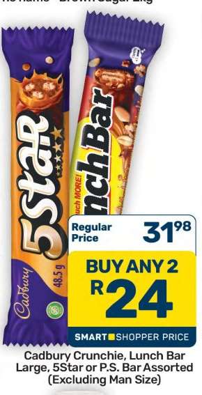 Cadbury Crunchie, Lunch Bar Large, 5Star or P.S. Bar Assorted