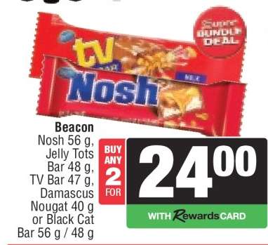 Beacon Nosh 56 g, Jelly Tots Bar 48 g, TV Bar 47 g, Damascus Nougat 40 g or Black Cat Bar 56 g / 48 g