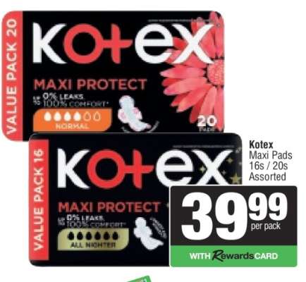 Kotex Maxi Pads 16s / 20s Assorted