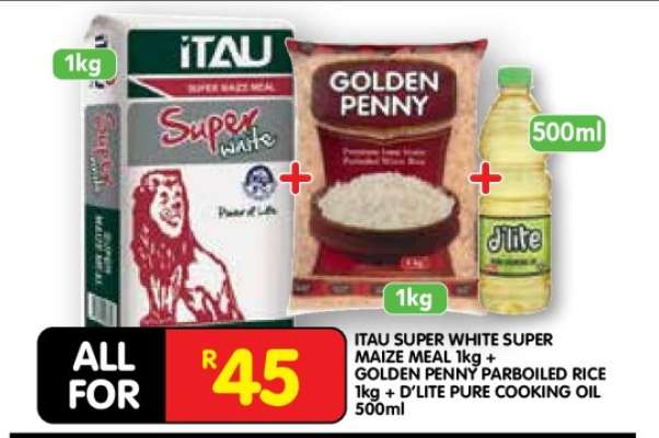 ITAU SUPER WHITE SUPER MAIZE MEAL 1kg + GOLDEN PENNY PARBOILED RICE 1kg + D'LITE PURE COOKING OIL 500ml