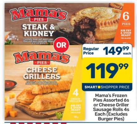 Mama's Frozen Pies Assorted 6s or Cheese Griller Sausage Rolls 4s