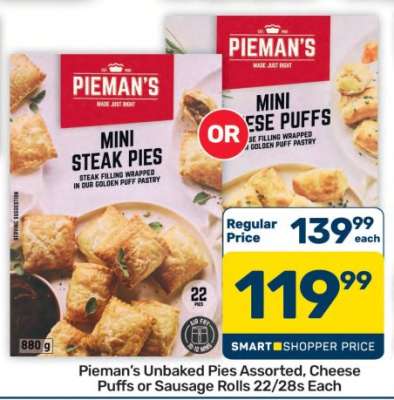 Pieman's Unbaked Pies Assorted, Cheese Puffs or Sausage Rolls 22/28s Each