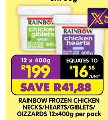 RAINBOW FROZEN CHICKEN NECKS/HEARTS/GIBLETS GIZZARDS 12x400g per pack