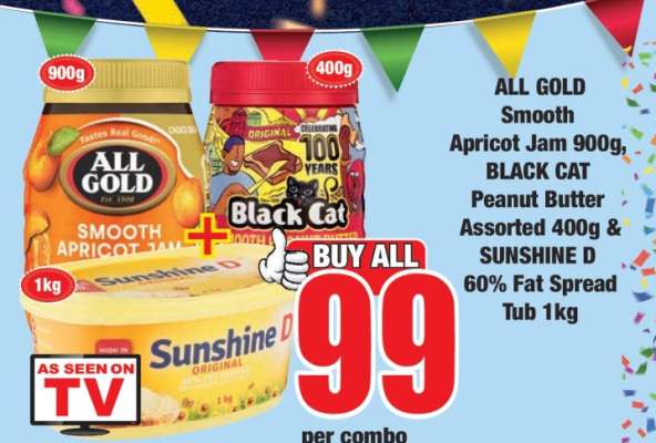 ALL GOLD Smooth Apricot Jam 900g, BLACK CAT Peanut Butter Assorted 400g & SUNSHINE D 60% Fat Spread Tub 1kg