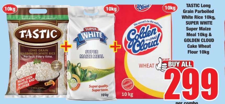 TASTIC Long Grain Parboiled White Rice 10kg, SUPER WHITE Super Maize Meal 10kg & GOLDEN CLOUD Cake Wheat Flour 10kg