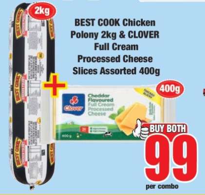 BEST COOK Chicken Polony 2kg & CLOVER Full Cream Processed Cheese Slices Assorted 400g