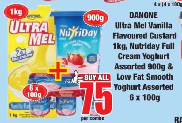 DANONE Ultra Mel Vanilla Flavoured Custard 1kg, NutriDay Full Cream Yoghurt Assorted 900g & Low Fat Smooth Yoghurt Assorted 6 x 100g