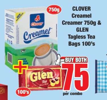 CLOVER Creamel Creamer 750g & GLEN Tagless Tea Bags 100's
