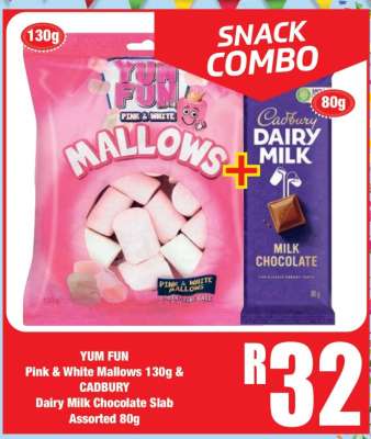 YUM FUN Pink & White Mallows 130g & CADBURY Dairy Milk Chocolate Slab Assorted 80g