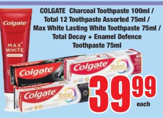 COLGATE Charcoal Toothpaste 100ml / Total 12 Toothpaste Assorted 75ml / Max White Lasting White Toothpaste 75ml / Total Decay + Enamel Defence Toothpaste 75ml