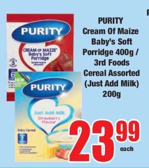 PURITY Cream of Maize Baby’s Soft Porridge 400g / 3rd Foods Cereal Assorted (Just Add Milk) 200g