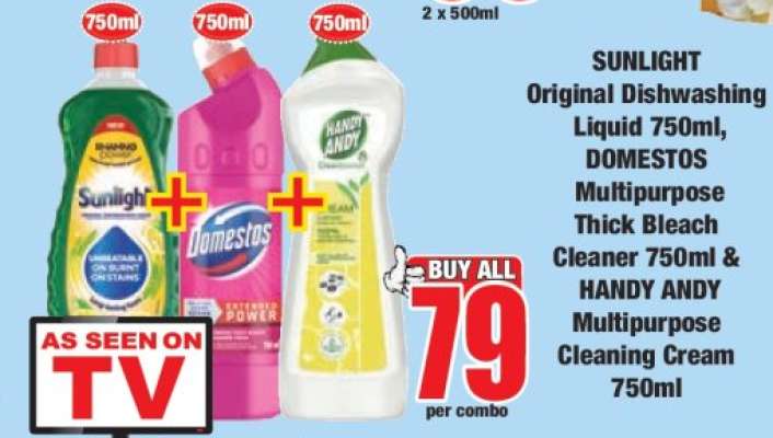 SUNLIGHT Original Dishwashing Liquid 750ml, DOMESTOS Multipurpose Thick Bleach Cleaner 750ml & HANDY ANDY Multipurpose Cleaning Cream 750ml