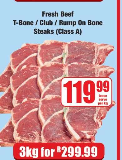 Fresh Beef T-Bone / Club / Rump On Bone Steaks (Class A)