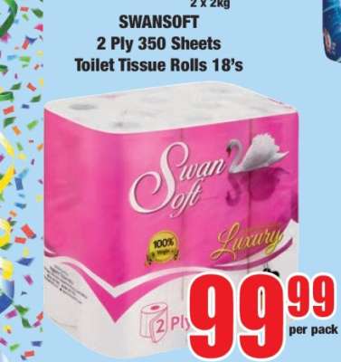 SWANSOFT 2 Ply 350 Sheets Toilet Tissue Rolls 18's