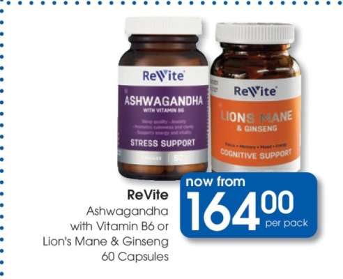 ReVite Ashwagandha with Vitamin B6 or Lion's Mane & Ginseng 60 Capsules