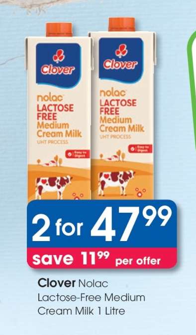 Clover Nolac Lactose Free Medium Cream Milk 1 Litre