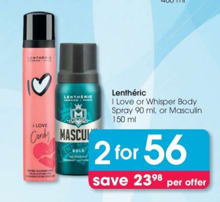 Lenthéric I Love or Whisper Body Spray 90 ml, or Masculin 150 ml