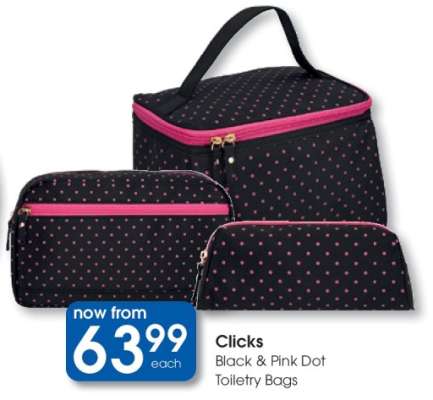 Clicks Black & Pink Dot Toiletry Bags