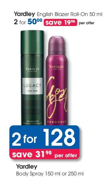 Yardley Body Spray 150 ml or 250 ml