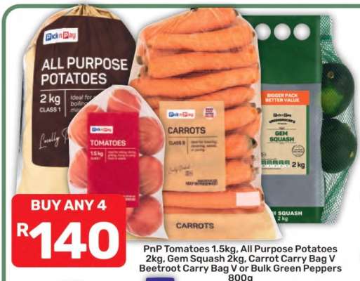 PnP Tomatoes 1.5kg, All Purpose Potatoes 2kg, Gem Squash 2kg, Carrot Carry Bag V Beetroot Carry Bag V or Bulk Green Peppers 800g