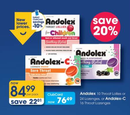 Andolex 10 Throat Lollies or 24 Lozenges, or Andolex-C 16 Throat Lozenges