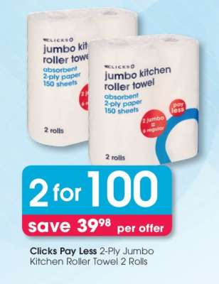 Clicks Pay Less 2-Ply Jumbo Kitchen Roller Towel 2 Rolls