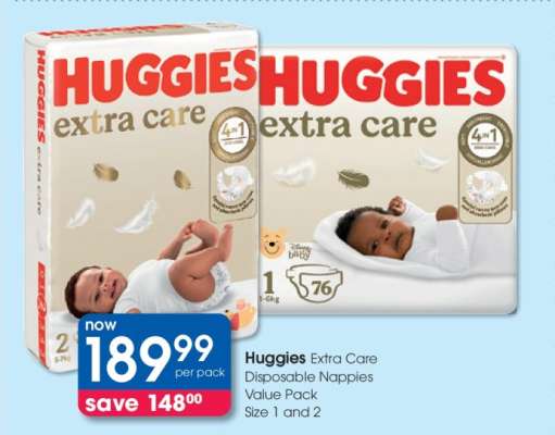 Huggies Extra Care Disposable Nappies Value Pack Size 1 and 2