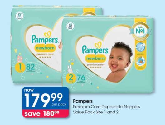 Pampers Premium Care Disposable Nappies Value Pack Size 1 and 2