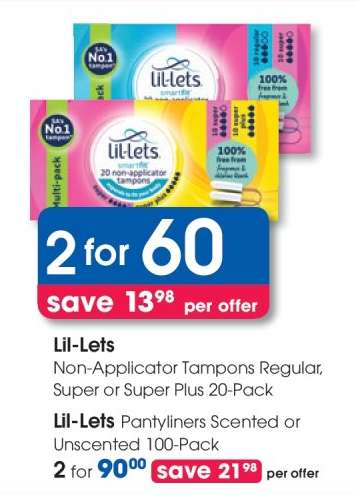 Lil-Lets Non-Applicator Tampons Regular, Super or Super Plus 20-Pack