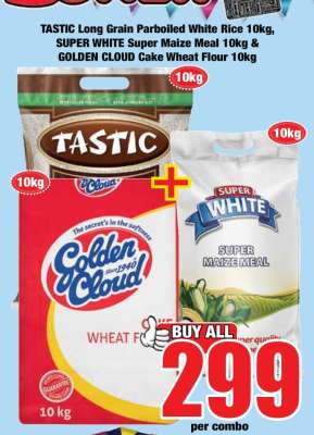 TASTIC Long Grain Parboiled White Rice 10kg, SUPER WHITE Super Maize Meal 10kg & GOLDEN CLOUD Cake Wheat Flour 10kg