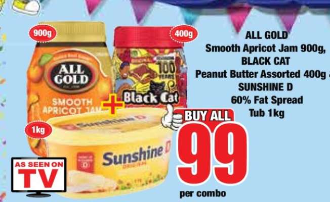 ALL GOLD Smooth Apricot Jam 900g, BLACK CAT Peanut Butter Assorted 400g & SUNSHINE D 60% Fat Spread Tub 1kg