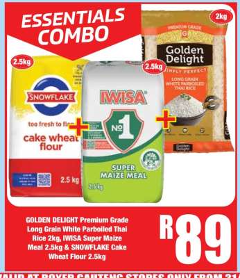 GOLDEN DELIGHT Premium Grade Long Grain White Parboiled Thai Rice 2kg, IWISA Super Maize Meal 2.5kg & SNOWFLAKE Cake Wheat Flour 2.5kg