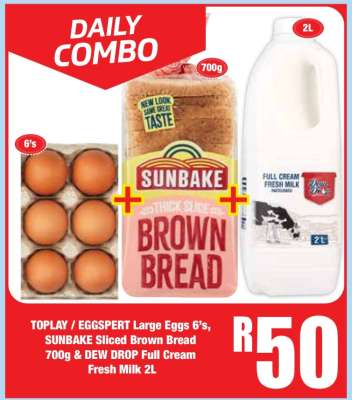 TOPLAY / EGGSPERT Large Eggs 6's, SUNBAKE Sliced Brown Bread 700g & DEW DROP Full Cream Fresh Milk 2L
